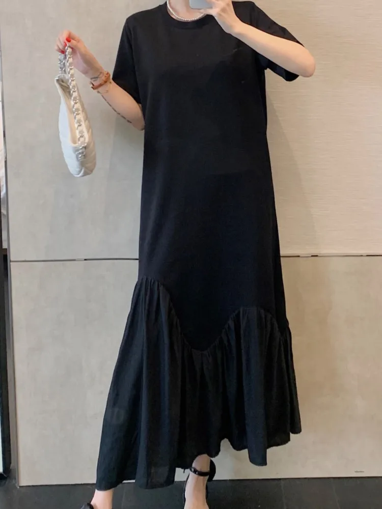 ฤดูร้อนหลวม Patchwork T เสื้อจีบผู้หญิง Oversize Elegant Vintage ผ้าฝ้ายสุภาพสตรีชุดสีดําชุดผู้หญิง Vestidos