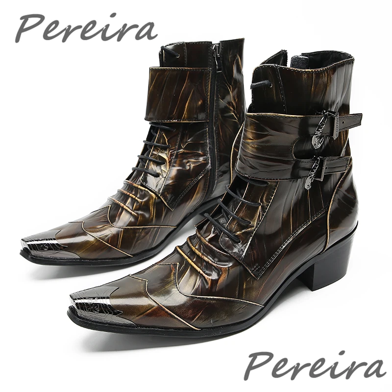 

Metal Pointed Toe Men Boots Fashion Belt Buckle Mixed Colors Calf Boots Punk Style Genuine Leather Mid Heel Botas Plus Size