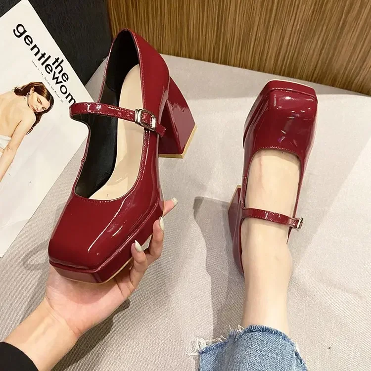 

Women's 2024 Platform Pumps Square Toe Thick Heels Women's Patent High Heels Party Shoes Square Toe Square Heel