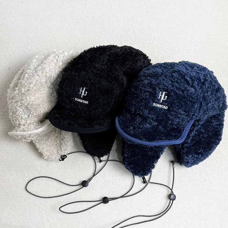 일본 기능성 윈드 램 울 레트로 짧은 챙 봄버 캡, 두꺼운 따뜻한 방풍 레이스업, Lei Feng 스키 모자, 겨울