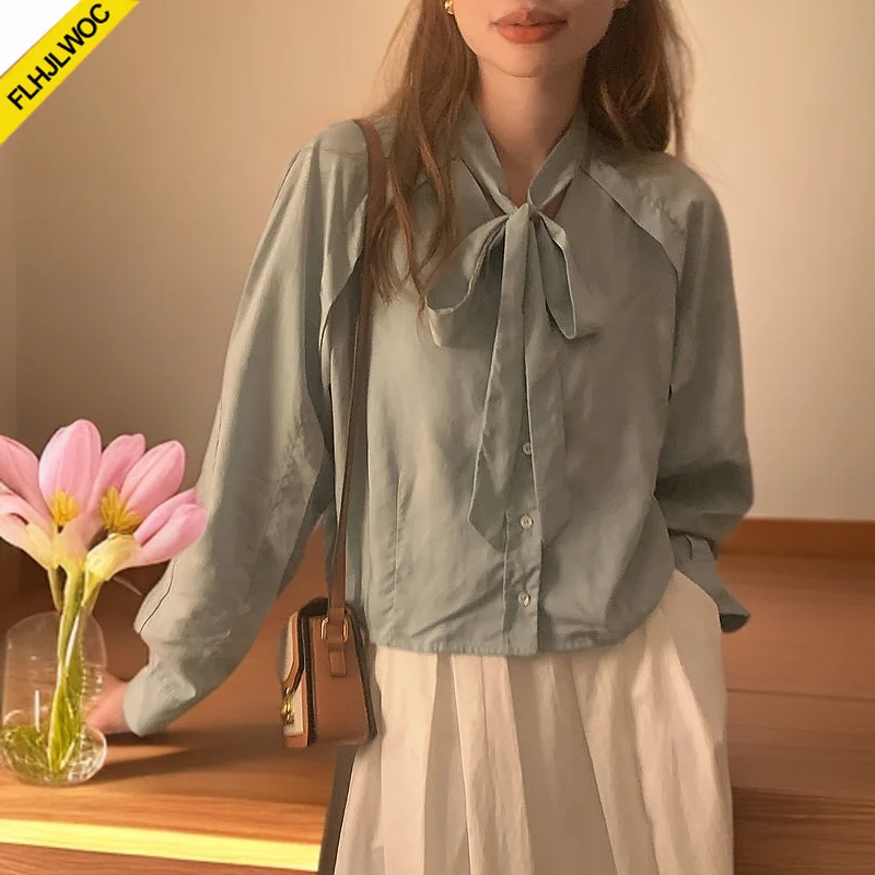 

Hot Sales Bow Tie Ruffles Tops Blusas 2025 Cute Sweet Girls Chic Korea Fashion Clothes Solid Cotton Blends Women Shirts Blouses