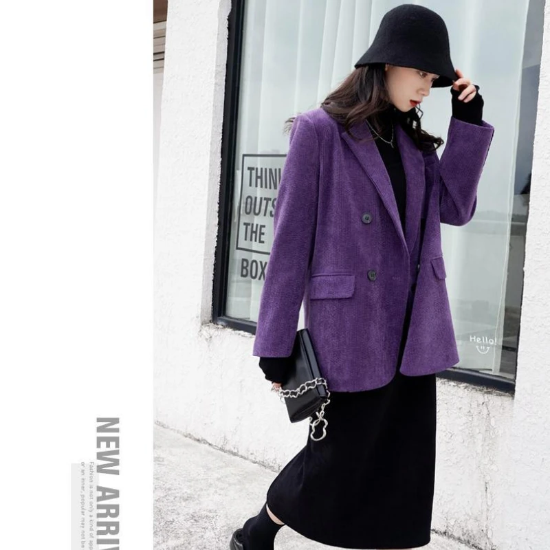 Purple Corduroy Blazer Women Autumn Winter Jacket Vestido Luxury Brand Coat Office Ladies Long Sleeve Button Stylish Suit Trend