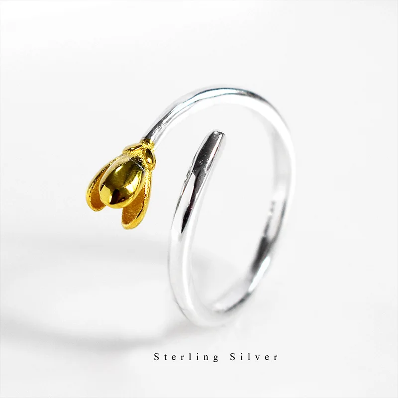 

925 Sterling Silver Yulan Flower Ring, Korean CHIC Style Double-Colored Flower Ring, Fashionable Minimalist Women's Ring