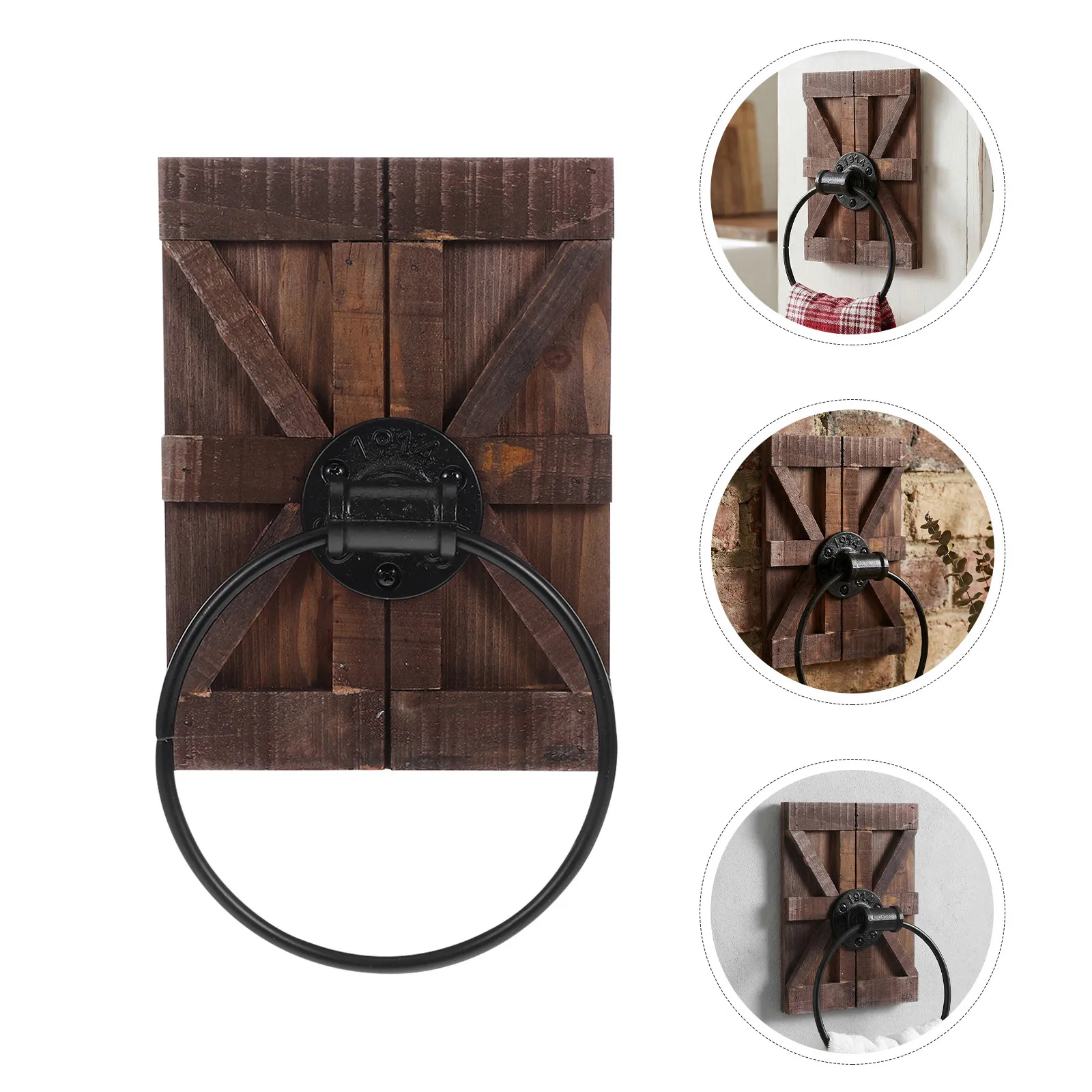 

2Pcs Wall Mounted Farmhouse Towel Holder Wooden Rustic Iron Ring Hand Towel Rack Bathroom Kitchen Washcloth Bar