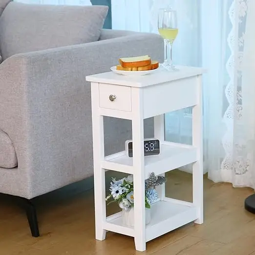 

Narrow Side Table, Small White End Table with Der and 2 Shelves, 3-Tier Wood Accent Nightstand or Living Room Bed Room Oice