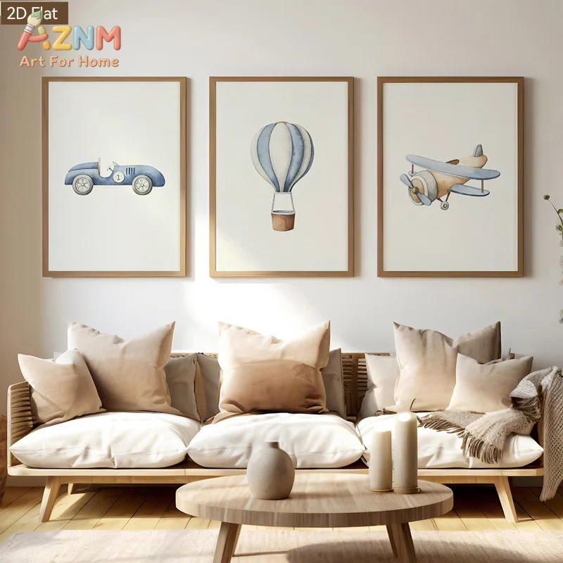 1pc/3pcs Blue & White Striped Hot Air Balloon Wall Art - Nordic Minimalist Suitable for Living Room