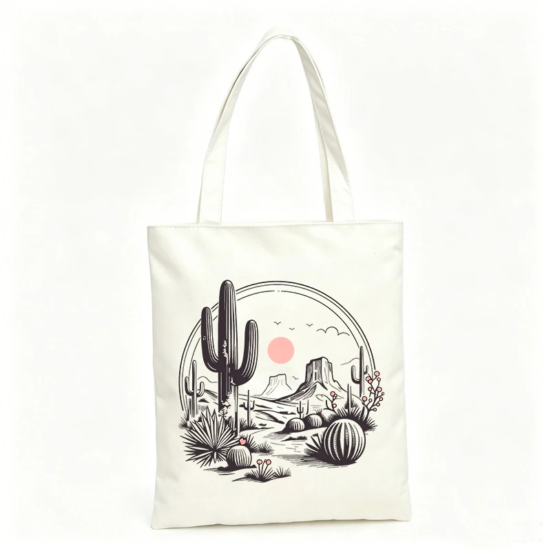 Women's cactus desert landscape canvas tote bag, vintage style for casual shopping and summer outings