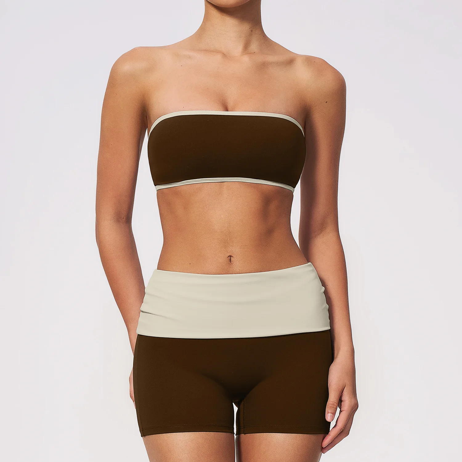 Gym Clothing 2PCS Workout Outfit Women Tracksuit Sports Strapless Bra Yoga Set Fold Waist Shorts Sportswear Running Fitness Suit