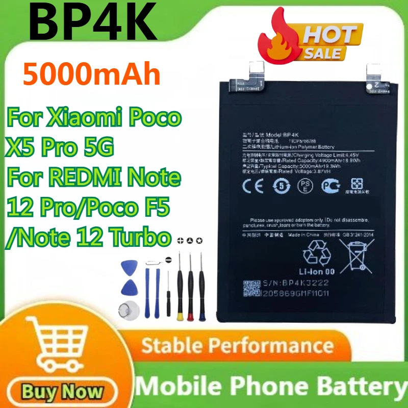

100% новый аккумулятор BP4K 5000 мАч для Xiaomi Poco X5 Pro 5G/REDMI Note 12 Pro/Poco F5/Note 12 Turbo, аккумулятор для мобильного телефона + инструменты