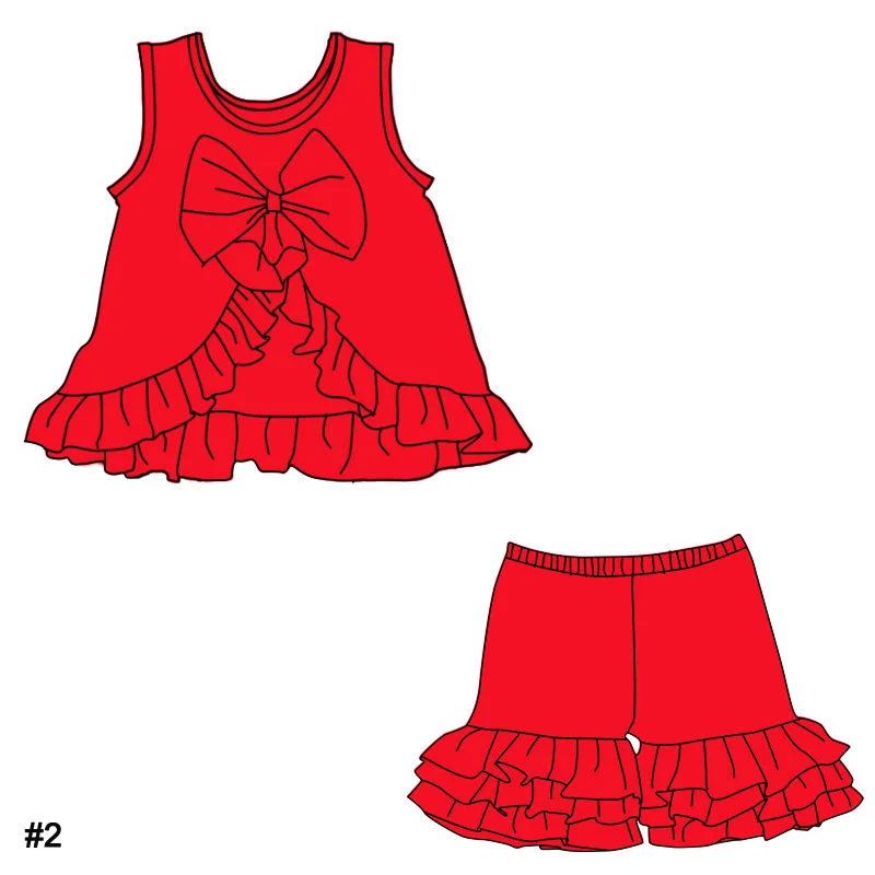 Hot-selling girls' dress sling ruffles bow decoration top pair with 3-layer ruffled shorts solid color milk silk fabric wholesal