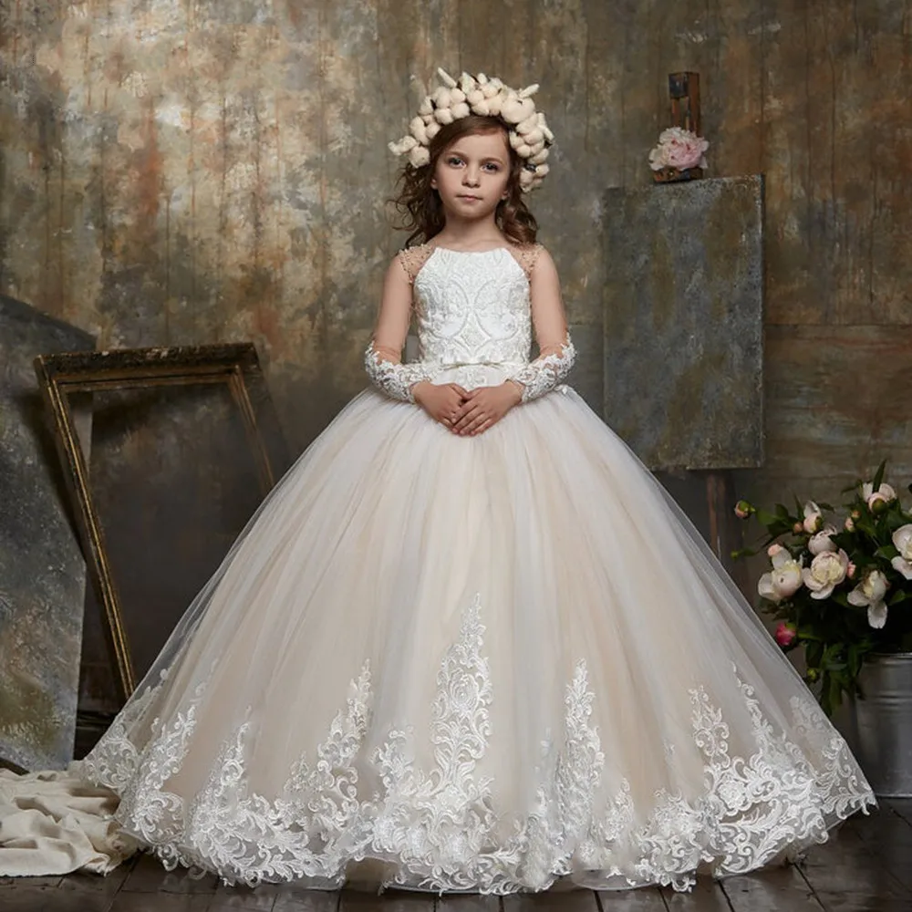 Champagne Flower Girl Dresses Luxurious Long Sleeve Tulle Lace Applique Kids Evening Gowns Girl bridesmaid First Communion Dress