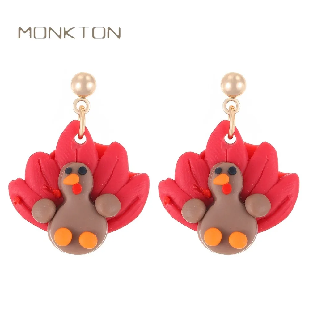 Monkton Cute Thanksgiving Turkey Dangle Earrings Polymer Clay Cartoon Turkey Drop Earrings for Women Festival Party Jewelry Gift