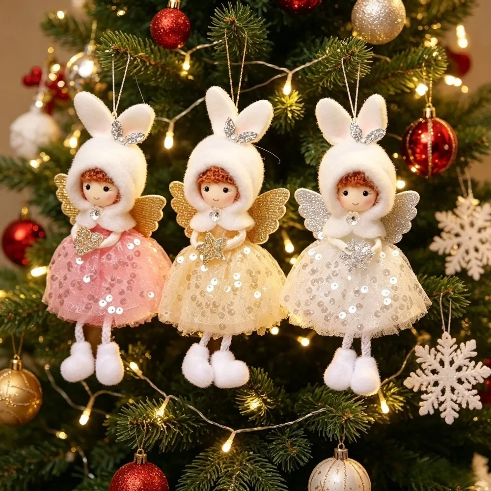 3pcs Cute Bunny Ear Angel, Sequin Tulle Dress Pendant -Christmas Tree Activity Decoration， for Christmas, New Year Gift