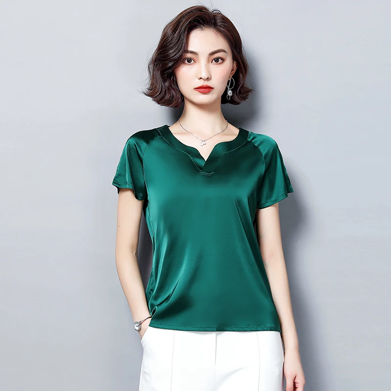 Summer Artificial Silk Shirt for Women Short Sleeve Satin Vintage Street Chiffon Elegant Blouse Fashion plus size Tops