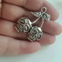 4pcs/Lot Silver Color 40x32mm Cherry Skull Skeleton Charms Halloween Pendant For DIY Handmade Metal Jewelry Making Accessories