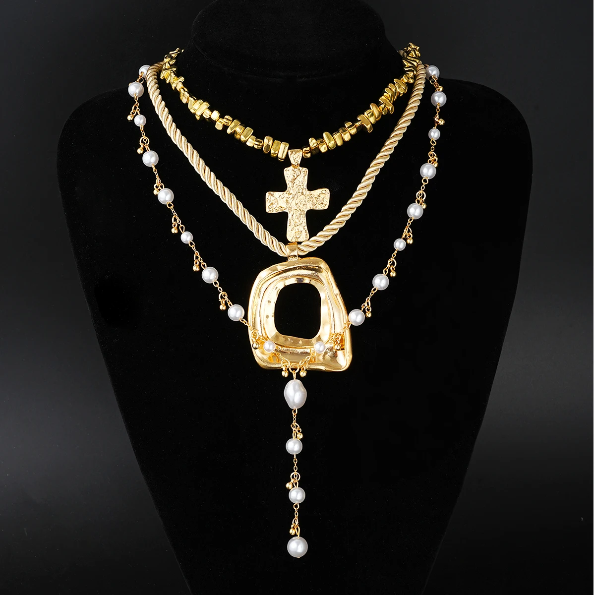 3 قطع مبالغ فيها غير النظامية الصليب قلادة قلادة مجموعة للنساء الأوروبية والأمريكية خمر حبات اللؤلؤ قلادة حزب مجوهرات #5