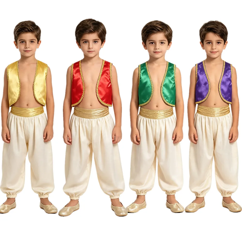 Children Boys Halloween Arabian Prince Dress Up Performance Costume Satin Vest Waistcoat for Theme Party Masquerade Festival