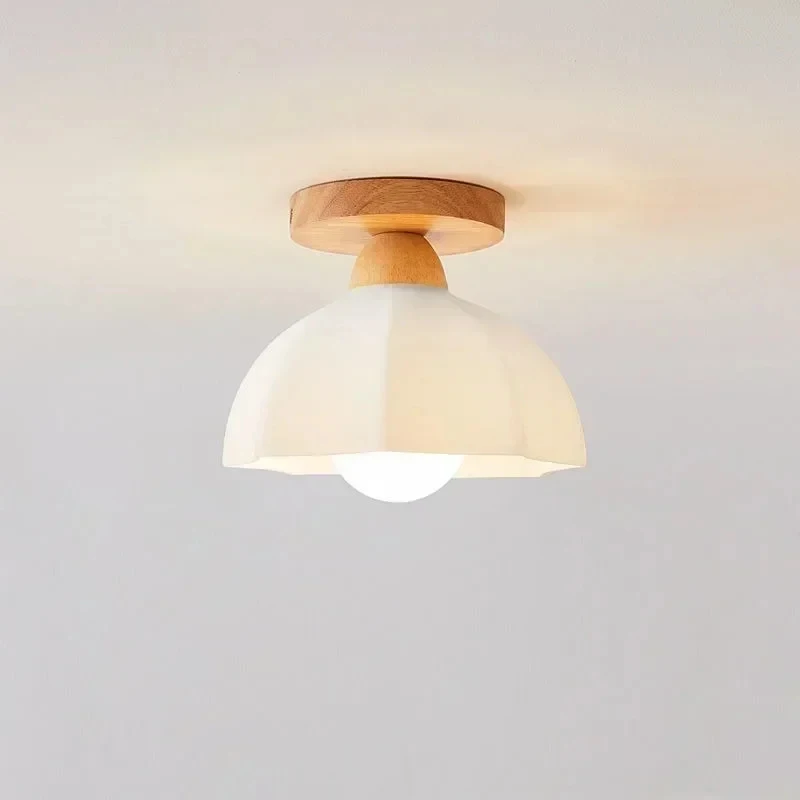 Nordic Wood & Glass Flower Flush Mount Ceiling Light LED Lamp for Bedroom Hallway Corridor Home Decor