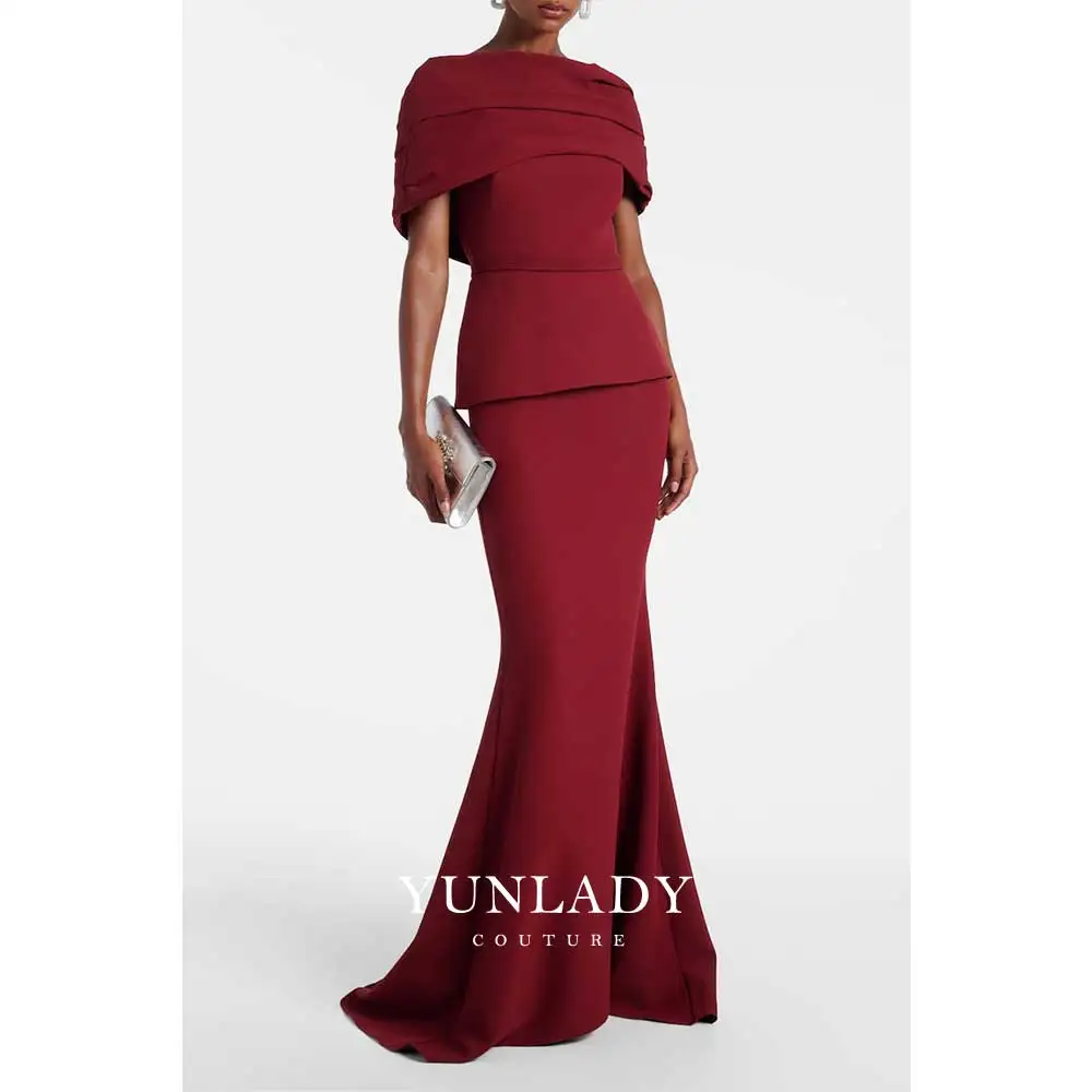 YUNLAN Luxury Dubai Arabic Burgundy Mermaid Evening Dress Cape Sleeve 2026 Customized Wedding Special Occasions Party Dress