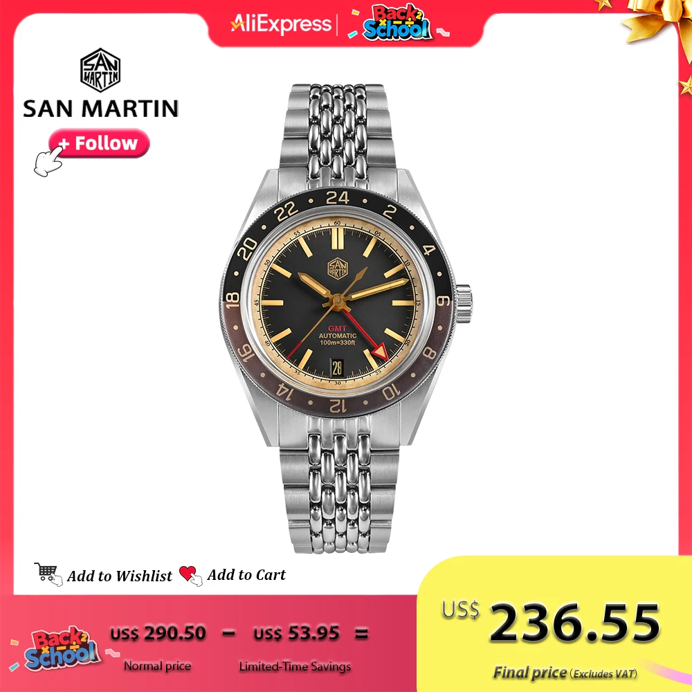 San Martin 남성용 고민 디자인 시계, 빈티지 GMT NH34 자동 무브먼트 스틸 라이스 팔찌, 39.5mm, SN0116G-V6