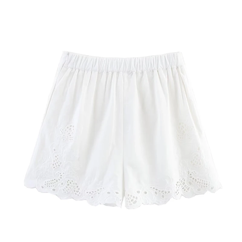 YENKYE Fashion Hollow Out Embroidery Pleated White Shorts Women High Waist Casual Summer Pantalones Cortos