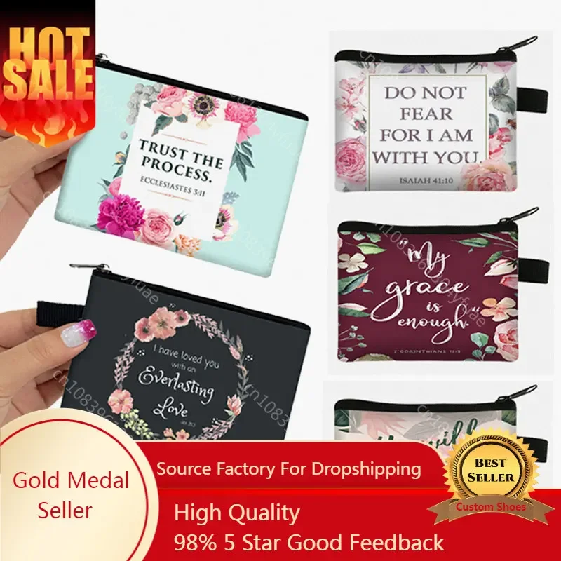 

Christian Bible Verse in English Print Coin Purse Women Small Wallet God He Will Sustain You Card Holder Coin Bag Zipper Pouch