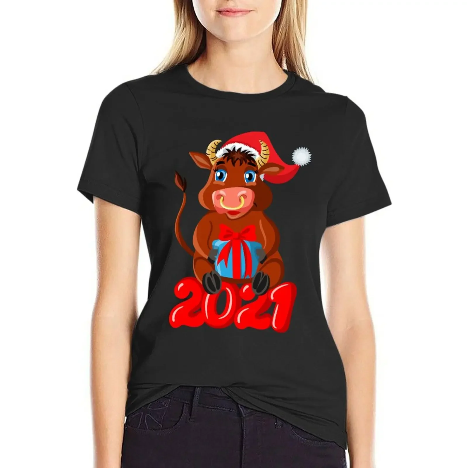 

New Year 2021: cute bull with a gift T-Shirt vintage Blouse customs design your own blanks clothes for Women
