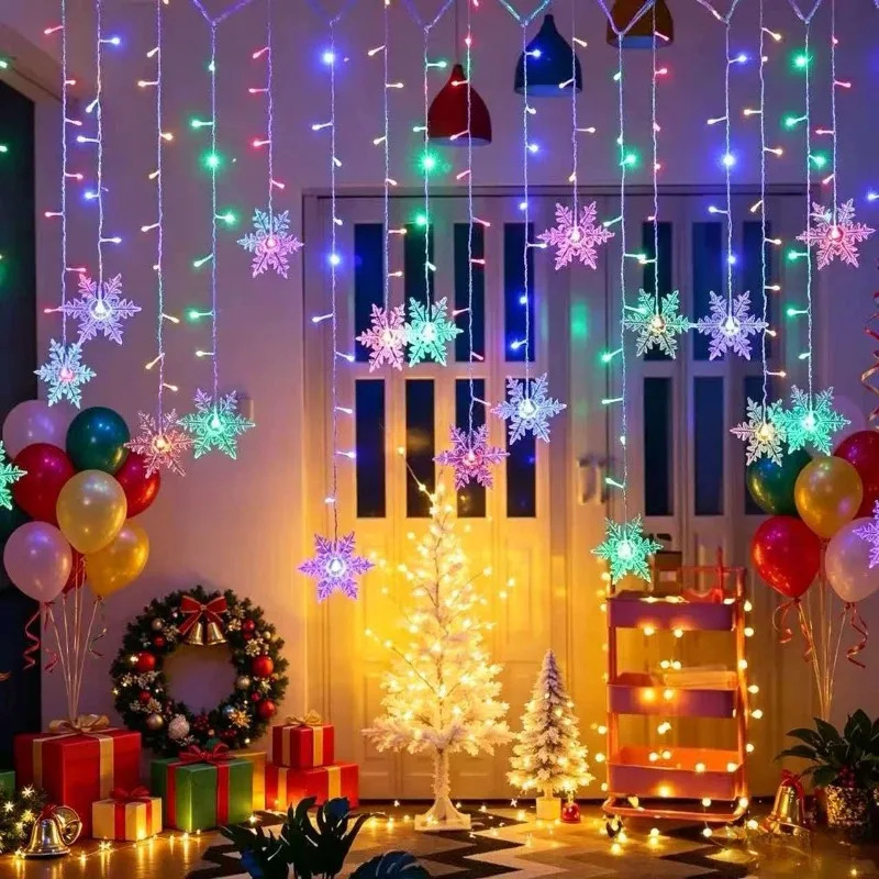 2026 Christmas New Year Flashing LED Snowflake Curtain Light Fairy String Window Holiday Party Decor Fancy Festoon Warm Glow