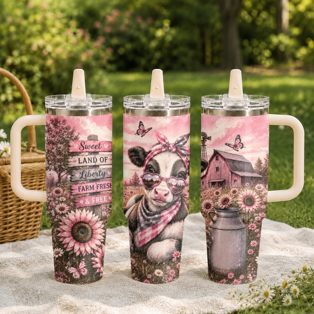 Country Cow Vacuum Flasks 40oz Stainless Steel Tumbler with Handle Straw Lid Vacuum Insulated Double Wall Leak Proof