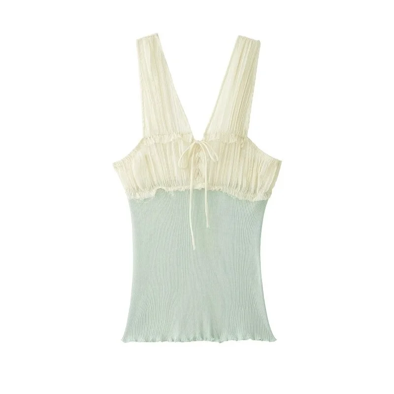 2026 Fashion Women Mint Green Cami Top Lace Up V Neck Knit Patchwork Tank Top Summer Slim Fit Spaghetti Strap Casual