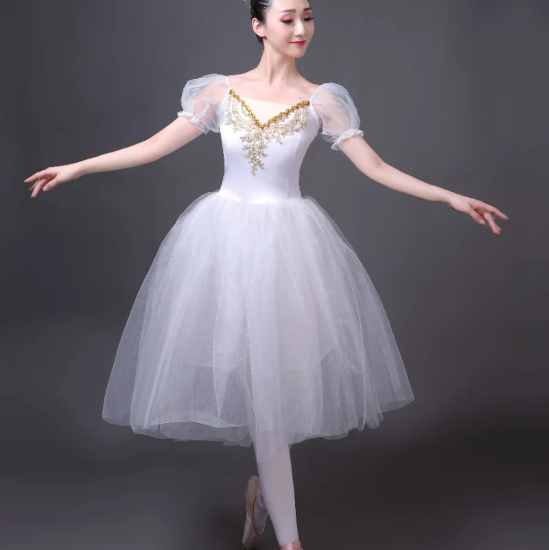 J60 Ballet Dresses Swan Lake Performance Blue Pink White Yellow Bubble Sleeve Dance Mesh Net Gauze Cocktail Dresses