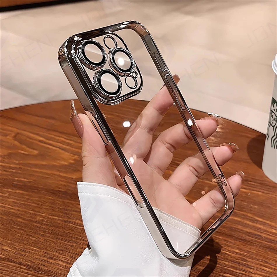 Luxury Plating Desert Gold Bumper Slim Clear Silicone Case For iPhone 16 15 14 13 12 17 Pro Max 16Plus Lens Film Protect Cover