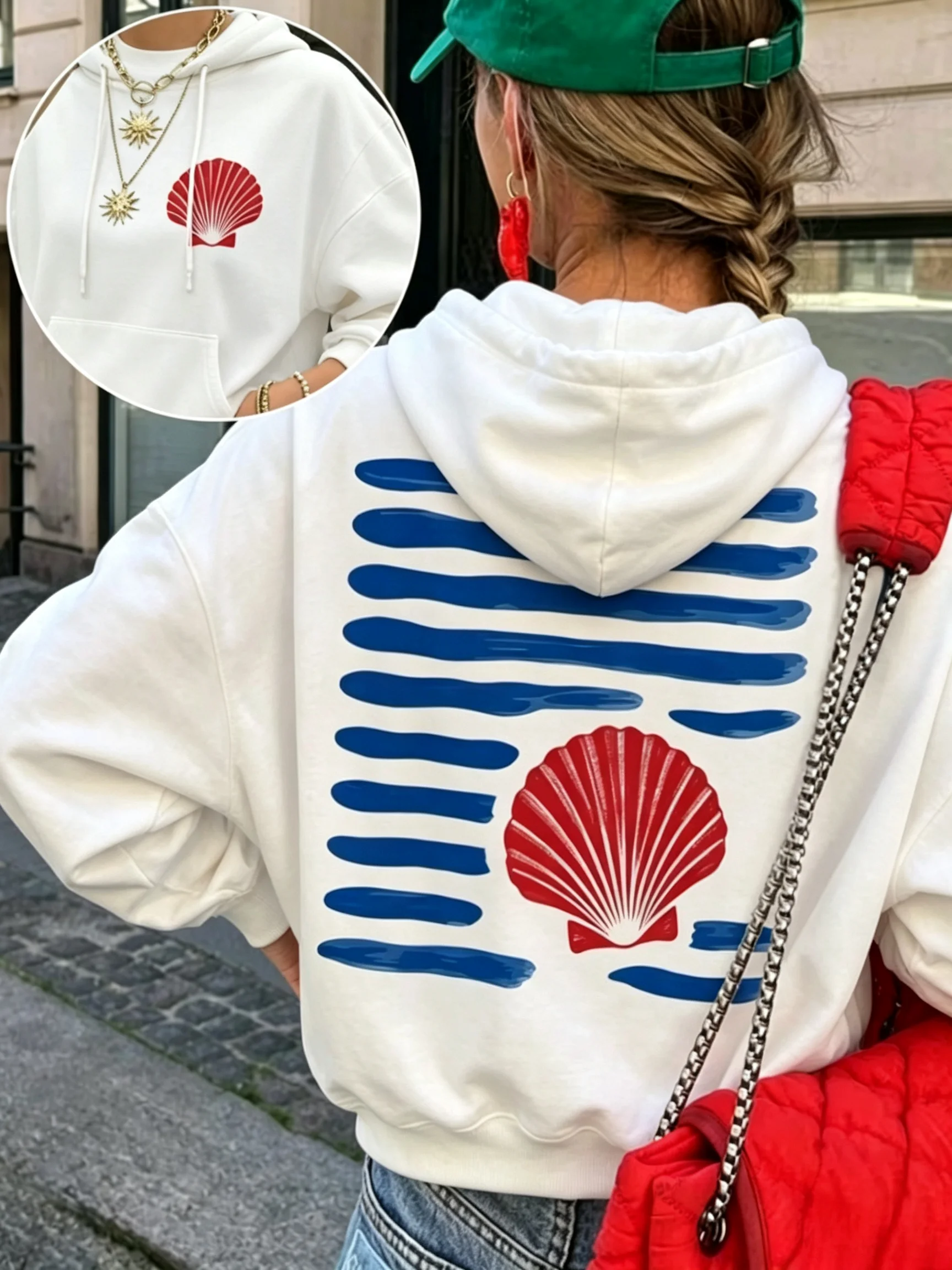 Coastal lobster and shell print t-shirt with blue wave pattern long-sleeved top Women's casual relaxed street style daily wear