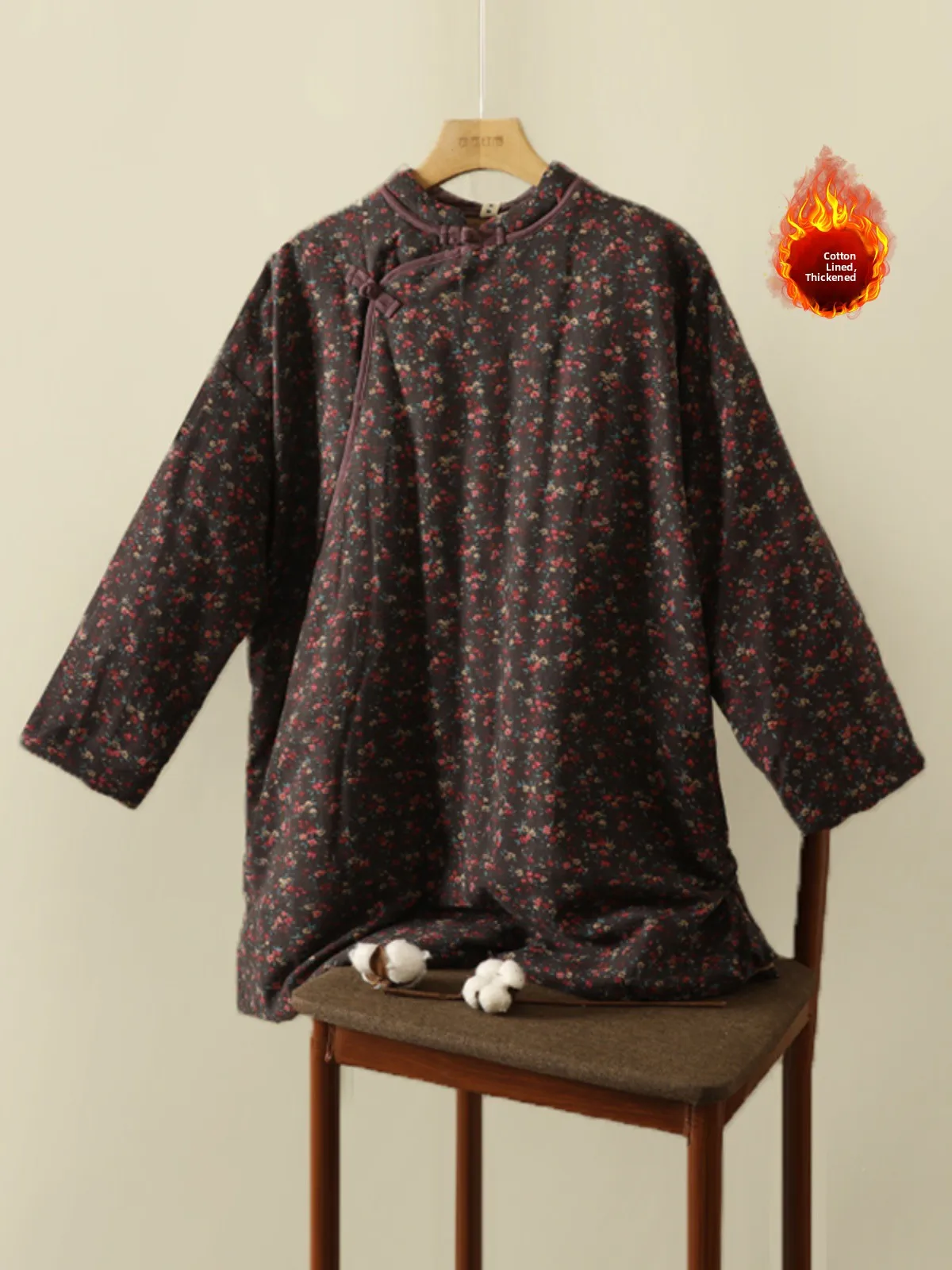 Thickened Cotton Jacket with Button Closure And Side Slits Women's Loose Fit Stand Collar Mid-Length Floral Print Cotton Coat