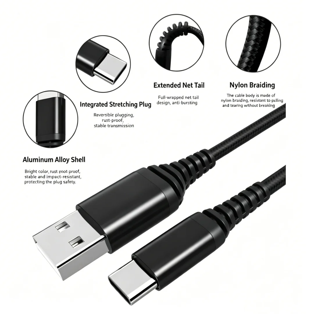 USB A to Type C Nylon Braided Charging Cable Extended Anti-break Tail Stable Data Transfer Cord Black Woven Wire for Huawei