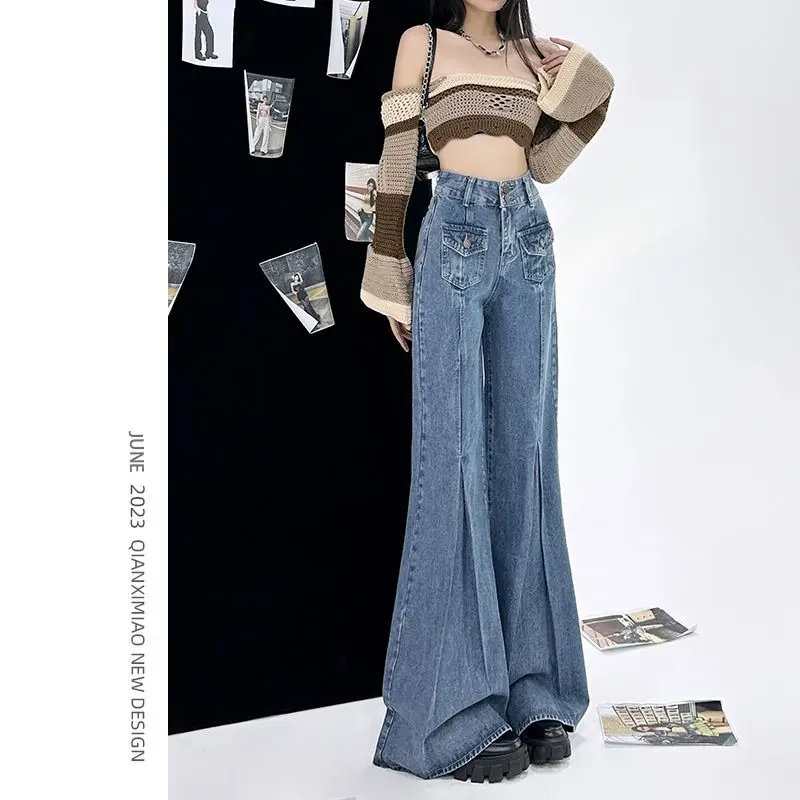 

High Waisted Stretch Flare Jeans Women Denim Pants Wide Leg Butt-lifted Casual Korean Style Pocket Trousers Big Hem Z73