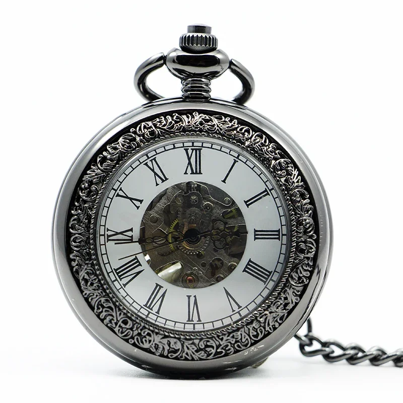 

Unique Clear Glass Cover Mens Watch White Dial Roman Numerals Necklace Pendant Gift Mechanical Pocket Watch For Men Women