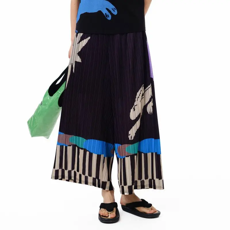 Pleated summer new FUN series elastic waist pocket fun printing casual straight-leg pants women  trousers