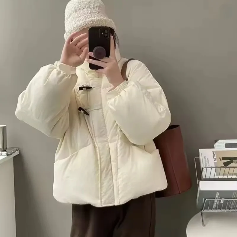 Korean Stand Collar Short Cotton-padded Jacket Women's New Thicken Parkas Winter Horn Buttons Long Sleeves Student Warm Outwear