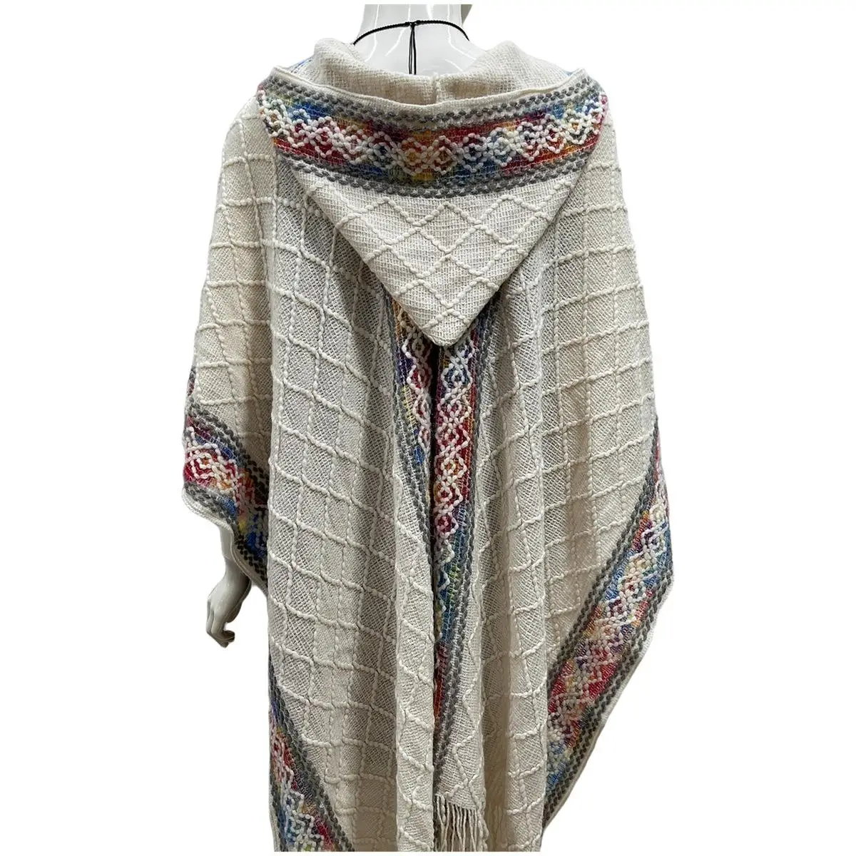 暖かいニット格子柄ショール-レディース-タッセルケープジャケット-冬ファッションアクセサリー-ダブルグリッドデザイン-帽子付き