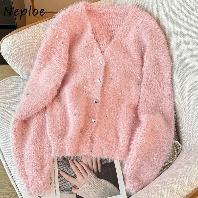 Neploe Heavy Beading V-neck Fluffy Sweaters Mujer Korean Sweet Loose Knitted Tops Women Y2k Long Sleeve Pink Cardigan Coats