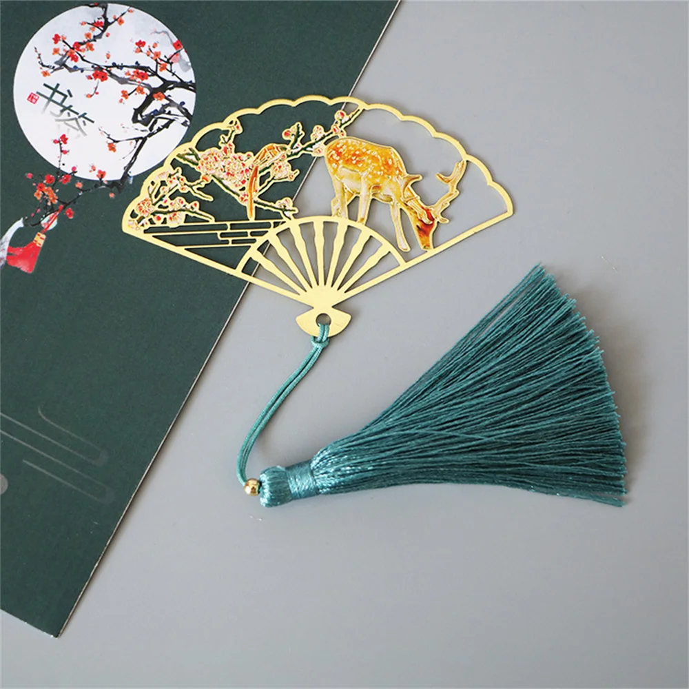 Antique Metal Folding Fan Crane Rabbit Mountain Scenery Chinese Style Series Bookmarks Newspapers Books Reading mark Bookmarks