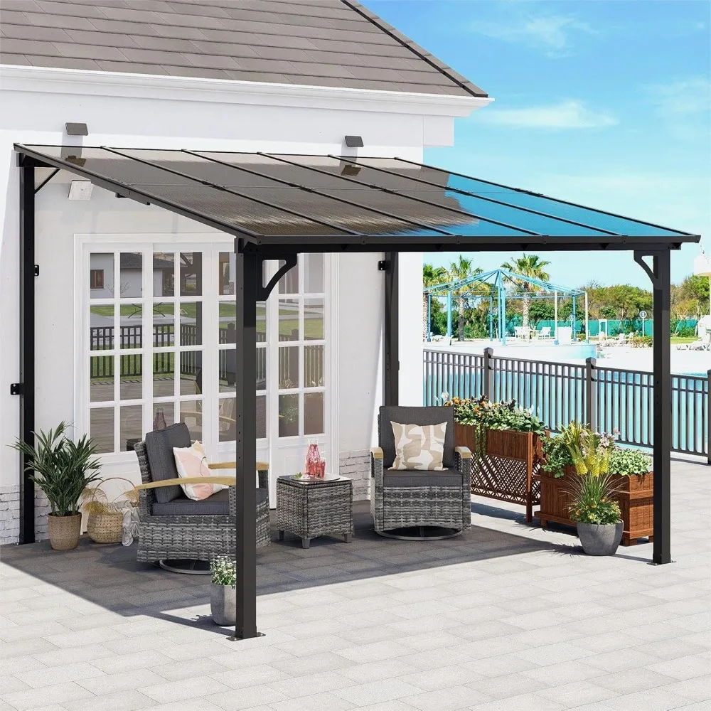 

10' x 10' Wall Mounted Gazebo, Lean to Metal Awnings，Gazebo Pergola with Sloped Roof, Outdoor Patio Gazebo Awning for Backyard