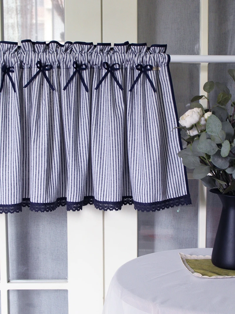 

Customized Korean Style Countryside Fabric Semi Curtains for living room Striped Pure Cotton and Linen Finished Coffee Semi