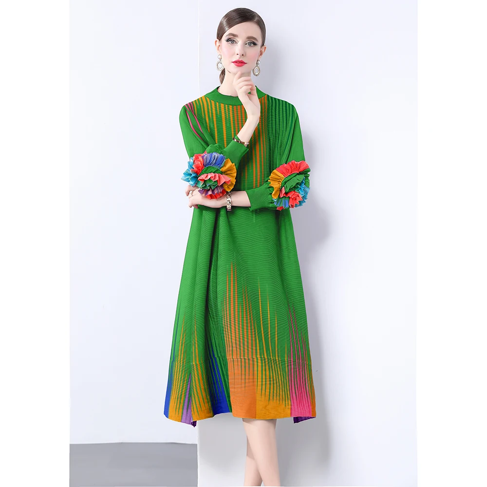 Miyake Pleats Heavy Embroidery and Flower-like Pleated Print Midi Dress Focal Point Versatile Banquet Attire for Women Autumn