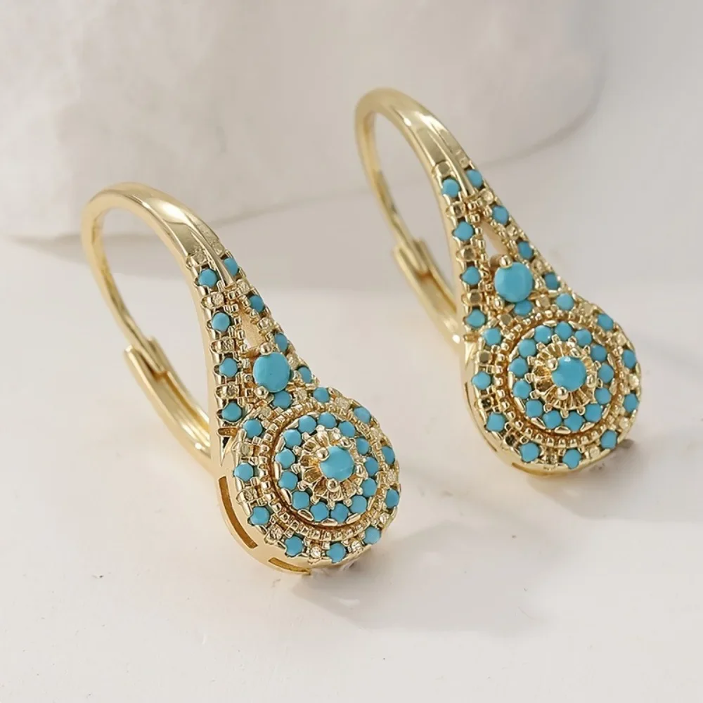 Retro Temperament Court Style Geometry Full Inlay Blue Turquoise Dangle Earrings for Women Fashion Creative Earrings Jewelry