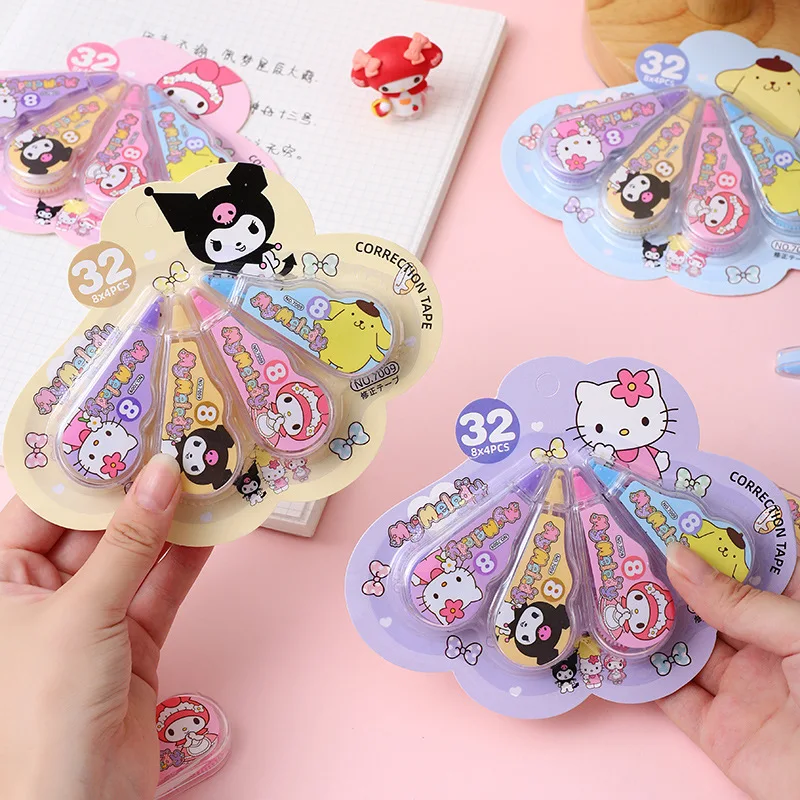 เทปลบคำผิดคาวาอิ Sanrio 4ชิ้น/เซ็ต, เทปลบคำผิดการ์ตูนคุรุเมโลดี้อุปกรณ์เครื่องเขียนของขวัญสำนักงาน