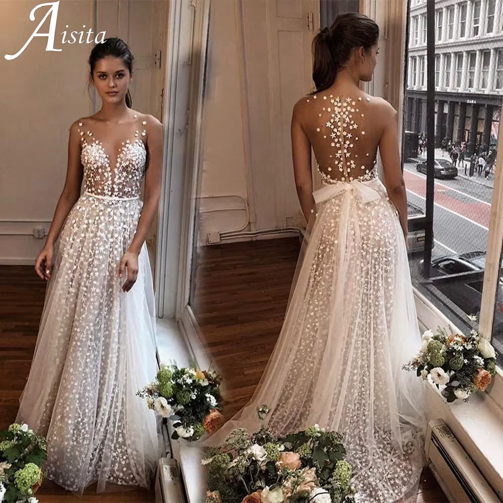 Cinghie di spaghetti Abiti da sposa bianchi 2023 Appliqeus in pizzo Scollo a V Illusion Abito da sposa Abito da sposa principessa vintage personalizzato