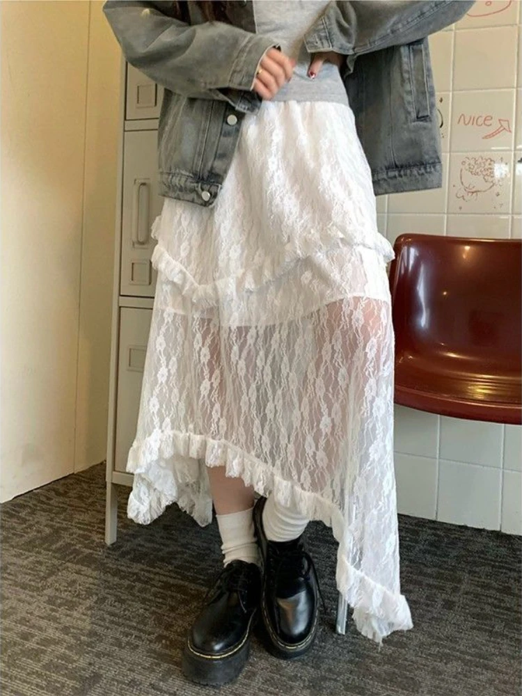 

HOUZHOU Irregular Lace Skirt Women Vintage Korean Y2K Streetwear Patchwork High Waist Loose Sheer Long Skirt Elegant Fairycore