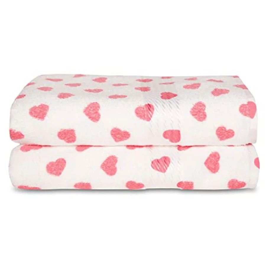 Hearts All Over Bathroom Cotton Terry Bath Towels 27 W x 54 L Inches, Set of 2 Pink